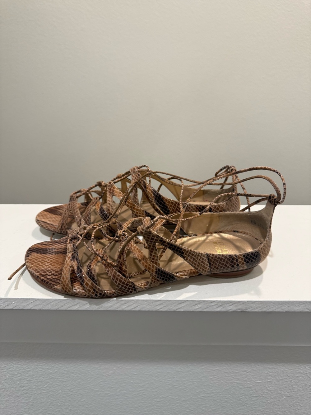 Stuart Weitzman Brown Snake-Print Lace-Up Women's Sandals - Picture 3 of 6